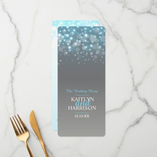Bulle graphique grise menu bleu de mariage dîner (Devant/Arrière en situation)