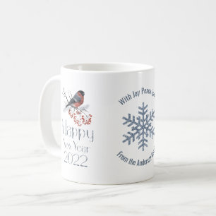 Bullfinch Bird Red Berries Happy Nieuwjaar 2022 Koffiemok