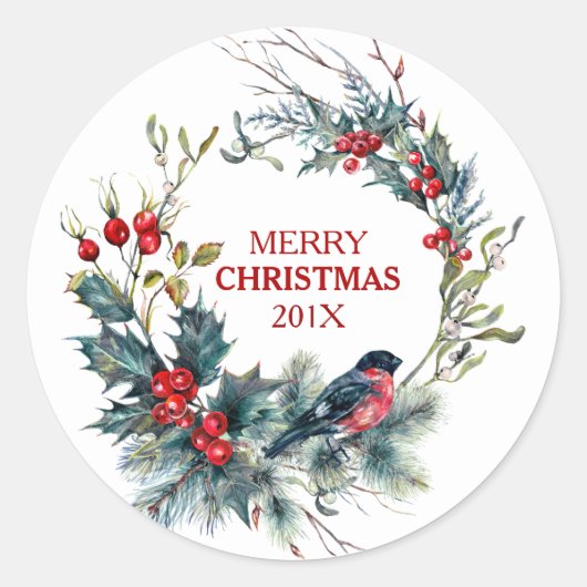 Bullfinch & Kerstmis holly krans Ronde Sticker (Voorkant)