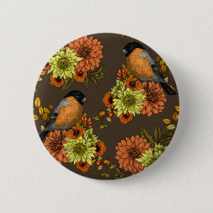 Bullfinch op herfstfloralen ronde button 5,7 cm