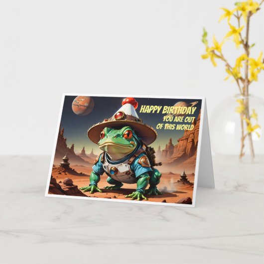 Bullfrog met pet en ruimtepak kaart (Gele Bloem)