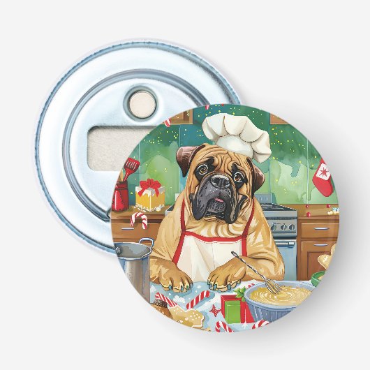 Bullmastiff Holiday Baking: Feestelijke Kerst Button Flesopener (Voorkant)