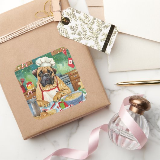 Bullmastiff Holiday Baking: Feestelijke Kerst Vierkante Sticker (Geschenken)