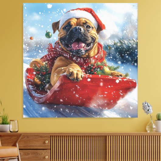 Bullmastiff Hond in Sledge Laat het Sneeuw Kerstmi Canvas Afdruk (Insitu (Woonkamer))
