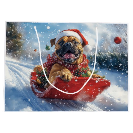 Bullmastiff Hond in Sledge Laat het Sneeuw Kerstmi Groot Cadeauzakje (Achterkant)
