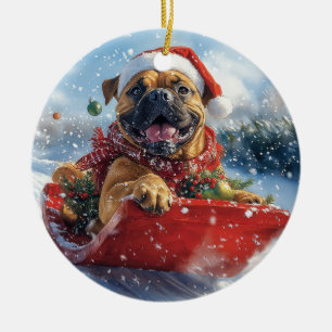 Bullmastiff Hond in Sledge Laat het Sneeuw Kerstmi Keramisch Ornament