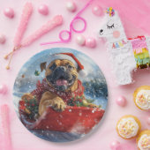 Bullmastiff Hond in Sledge Laat het Sneeuw Kerstmi Papieren Bordje (Feest)