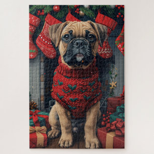 Bullmastiff-hond met kerstcadeaus open haard legpuzzel