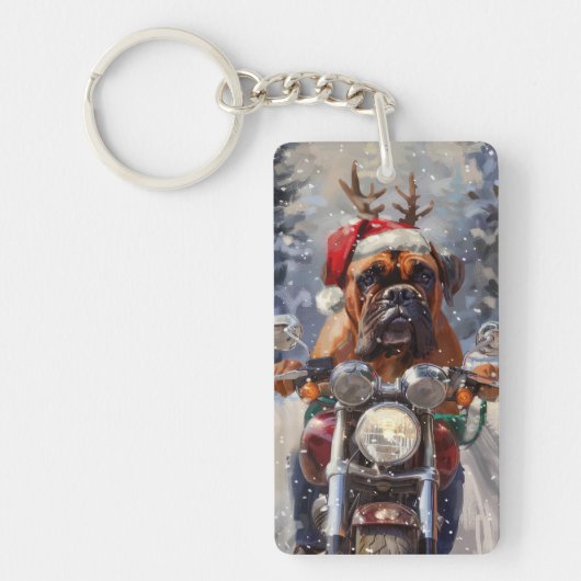 Bullmastiff Hond Rijden Motorfiets Kerstmis Sleutelhanger (Voorkant)