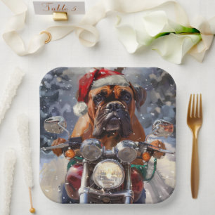 Bullmastiff-hond rijdt op motorfiets met Kerstmis Papieren Bordje