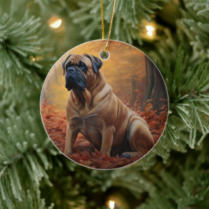 Bullmastiff in herfstbladeren vallen inspireren keramisch ornament