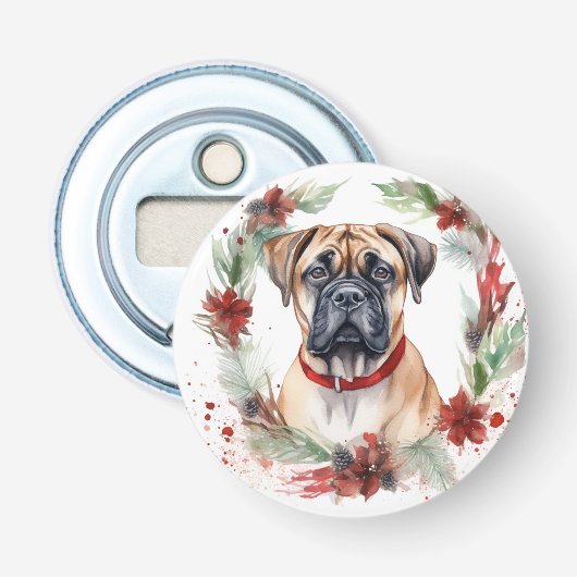 Bullmastiff Kerstkrans feestelijke pup Button Flesopener (Voorkant)