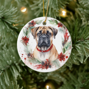 Bullmastiff Kerstkrans feestelijke pup Keramisch Ornament
