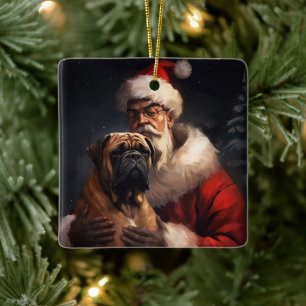 Bullmastiff met Kerstman Feestelijke Kerstmis Keramisch Ornament