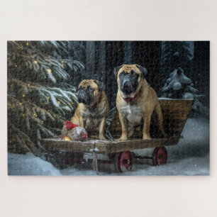 Bullmastiff Sneeuw slee Kerst decoratie  Legpuzzel