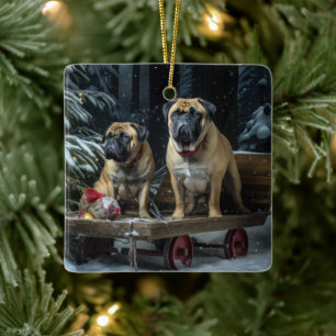Bullmastiff Snowy Sleigh Kerstdecoratie Keramisch Ornament