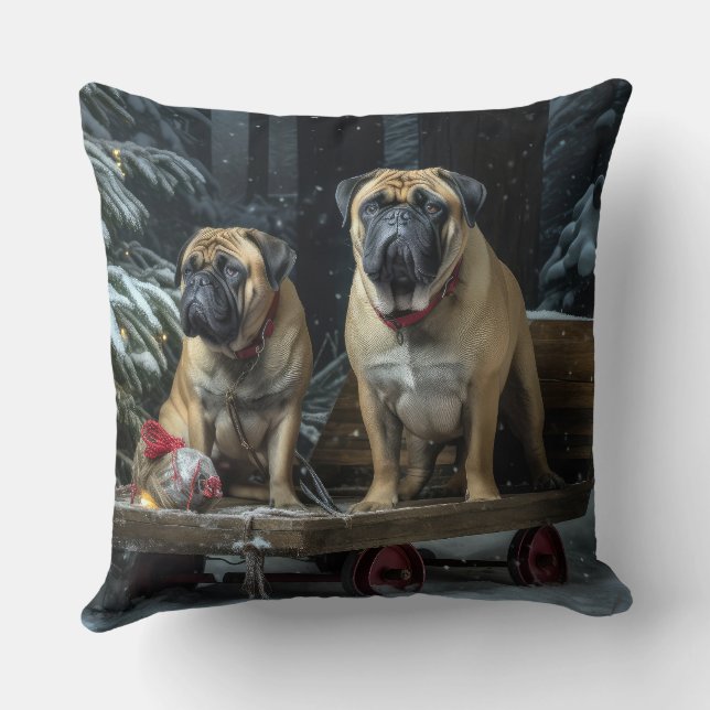 Bullmastiff Snowy Sleigh Kerstdecoratie Kussen (Achterkant)