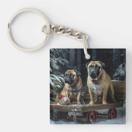 Bullmastiff Snowy Sleigh Kerstdecoratie Sleutelhanger (Voorkant)