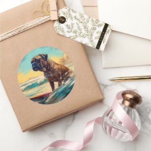 Bullmastiff strand surfen schilderij ronde sticker