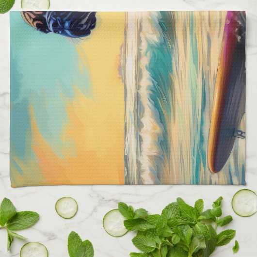 Bullmastiff strand surfen schilderij theedoek (Gevouwen)