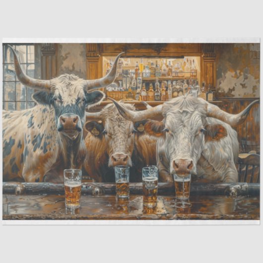 Bulls-Koeien in een Westerne Saloon Decoupage Tissuepapier (Voorkant)