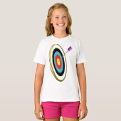 Bullseye boogschieten doel met pijl raken centrum t-shirt (Voorkant volledig)