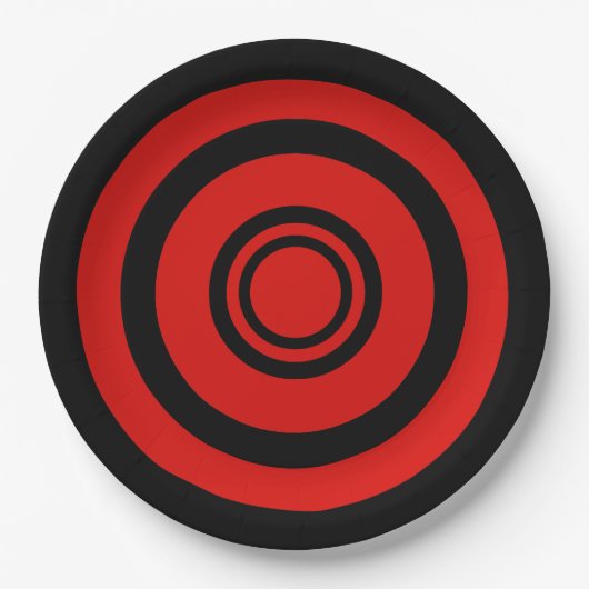 Bullseye, concentrische cirkels - zwart en rood papieren bordje (Voorkant)