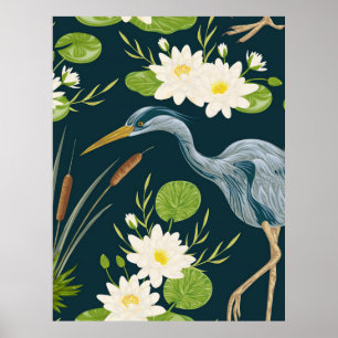 Bulrush Lily Flowers Bird Heron Floral Landschap Poster