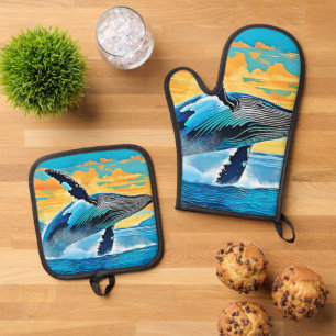Bultrug Walvis Oceaan Vrijheid Sprong Design Ovenwant & Pannenlap Set