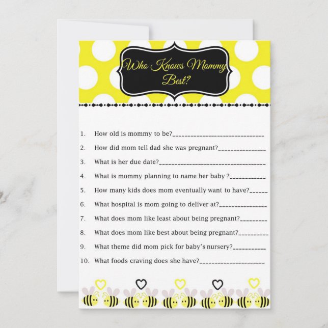 Bumble bee Baby shower Game die mama het beste ken (Voorkant)
