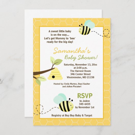 Bumble Bee Baby shower Invitation 4.25 x 6.5 Taill (Devant / Derrière)