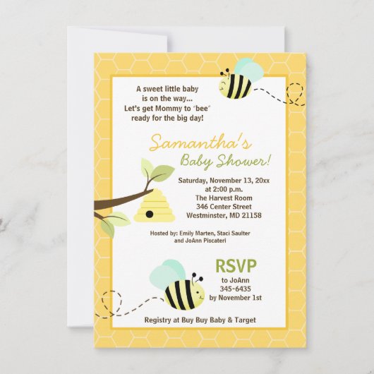 Bumble Bee Baby shower Invitation 4.25 x 6.5 Taill (Devant)