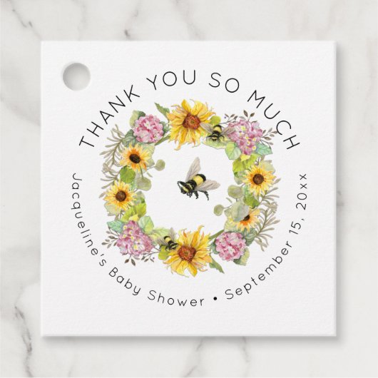Bumble Bee Bloemen Zonnebloem Hydrangea Baby showe Bedankjes Labels (Voorkant)