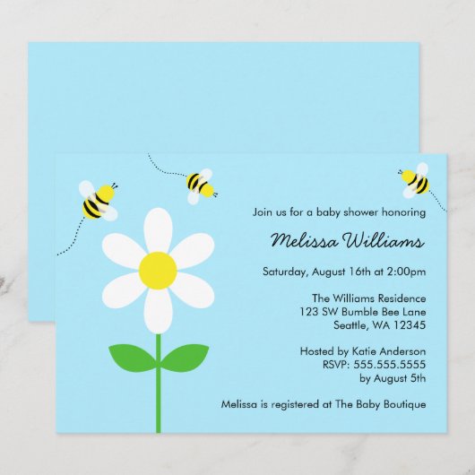 Bumble Bee Daisy Invitations De Douche Bébé (Devant / Derrière)