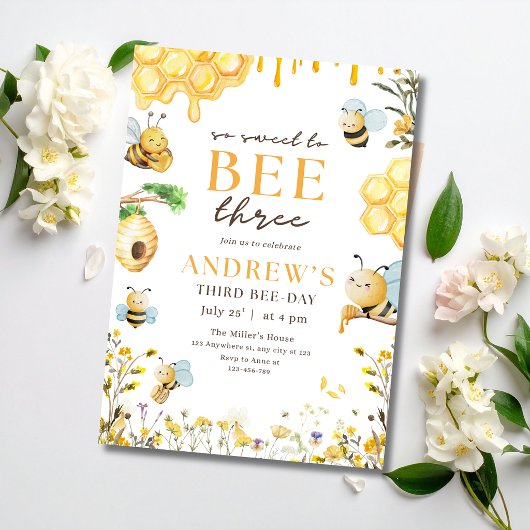 Bumble Bee Drie Verjaardagsuitnodiging Kinderfeest Kaart