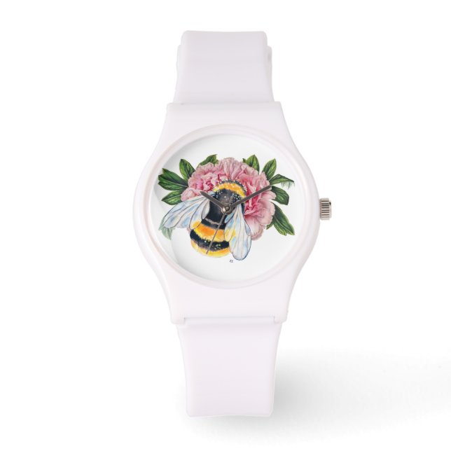 Bumble bee en Peony Horloge (Voorkant)