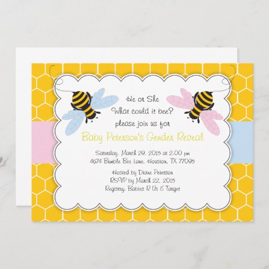 Bumble Bee Gender Reveal Baby shower Invitation Kaart (Voorkant / Achterkant)