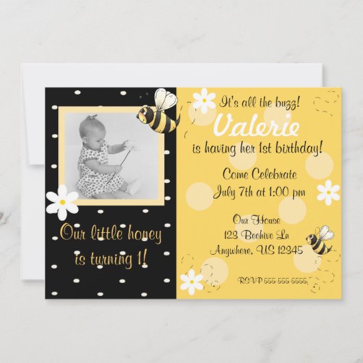 Bumble bee Girls Birthday Invitation Kaart (Voorkant)