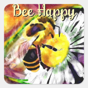 Bumble Bee Happy Daisy Flower Bloemen Waterverf Vierkante Sticker
