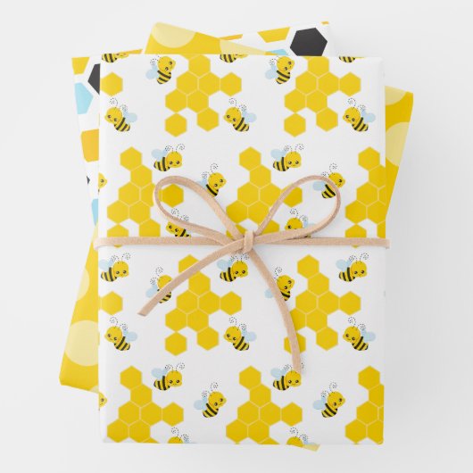 Bumble Bee Honingraat, Stippen en Stripes Patterns Inpakpapier Vel (In situ)
