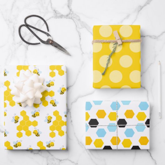 Bumble Bee Honingraat, Stippen en Stripes Patterns Inpakpapier Vel (Voorkant)