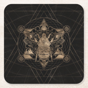 Bumble Bee in Sacred Geometry - Black en Gold Vierkante Kartonnen Onderzetter