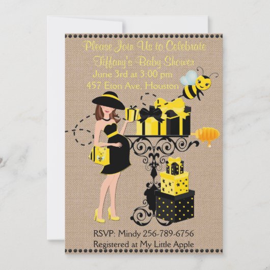 Bumble Bee Lady Jaune Baby shower noir Invitation (Devant)