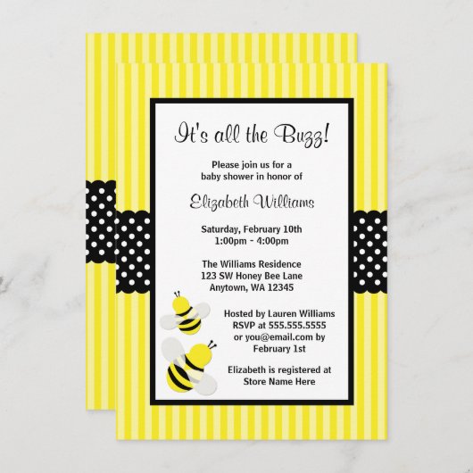 Bumble Bee Striped Dots Baby Shower Invitations (Devant / Derrière)