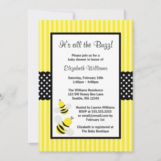 Bumble Bee Striped Dots Baby Shower Invitations (Devant)