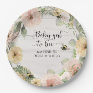 Bumble Bee Yellow Pink Flowers Waterverf Baby Papieren Bordje