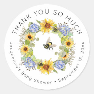 Bumble Bee Zonnebloem Blauw Hydrangea Baby shower Ronde Sticker