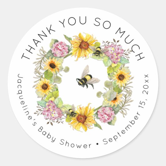 Bumble Bee Zonnebloem Hydrangea Bloemen Baby showe Ronde Sticker (Voorkant)