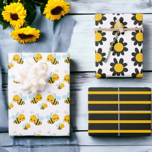 Bumble Bee Zwart Geel Bloemen Inpakpapier Vel