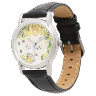 Bumble beien honey yellow florals monogram name horloge